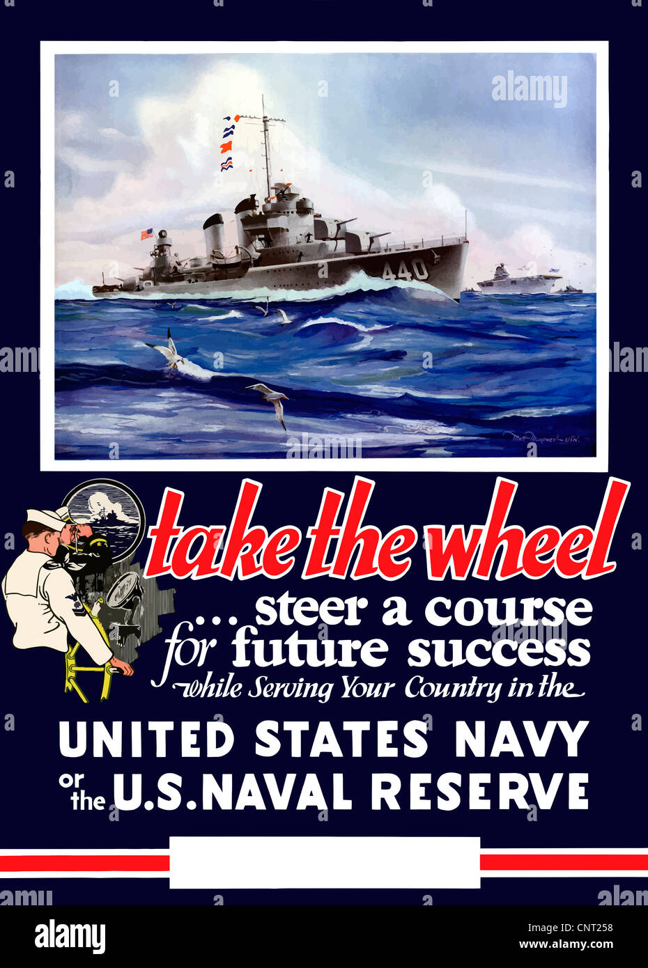 Questa annata II Guerra Mondiale Navy caratteristiche poster noi navi da guerra sul mare. Foto Stock