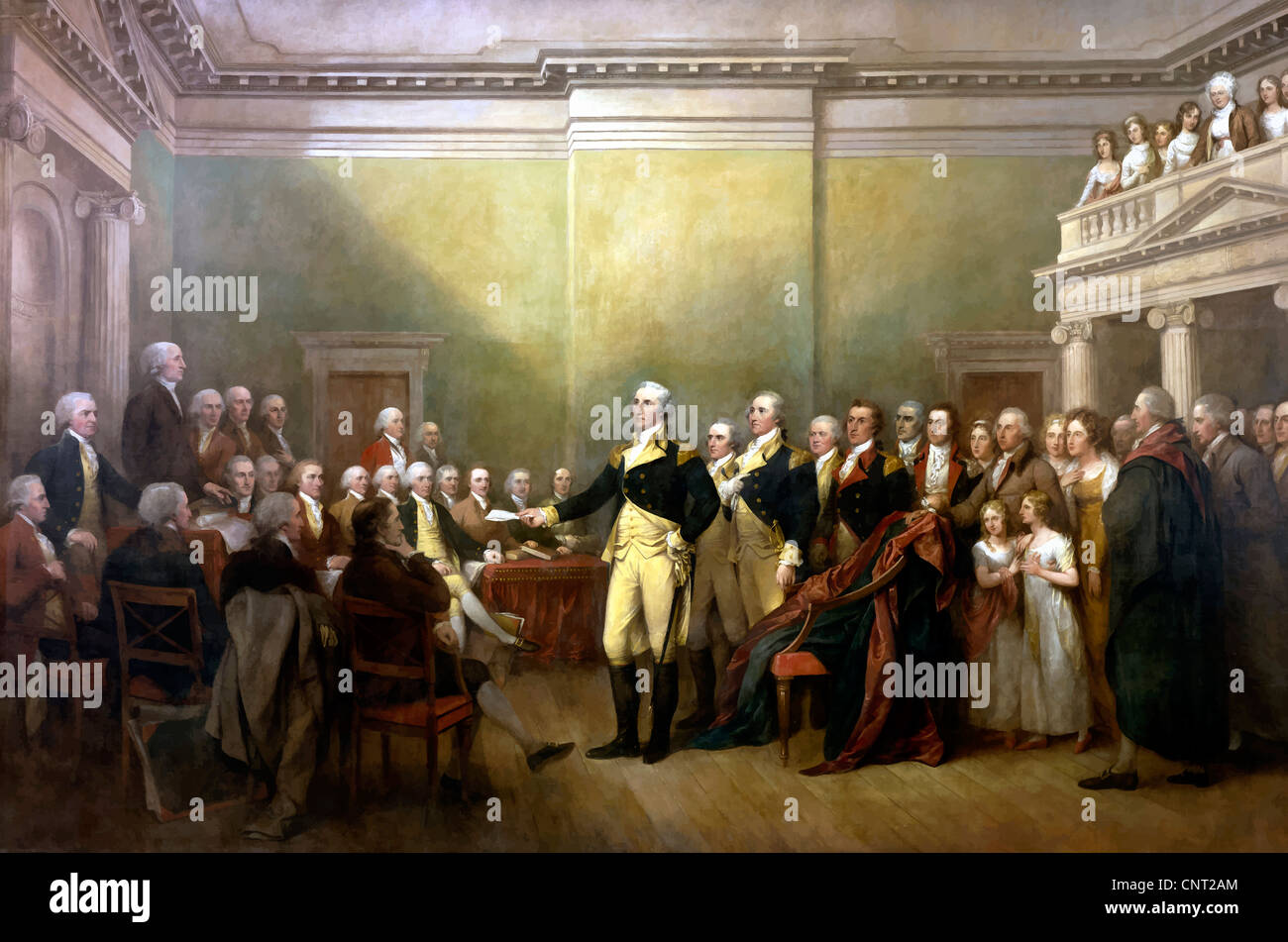 Restaurata digitalmente pittura vettoriale del General George Washington rinunziato alla sua commissione come comandante dell'esercito continentale. Foto Stock