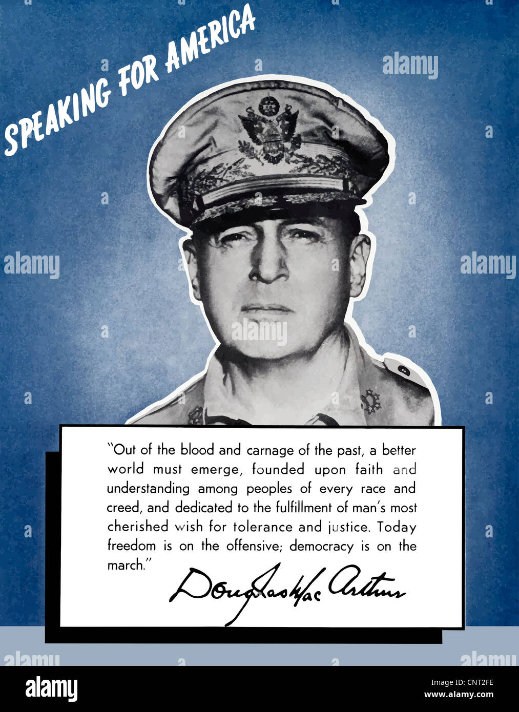 Restaurata digitalmente di propaganda di guerra poster. General Douglas MacArthur parlando per l'America. Foto Stock