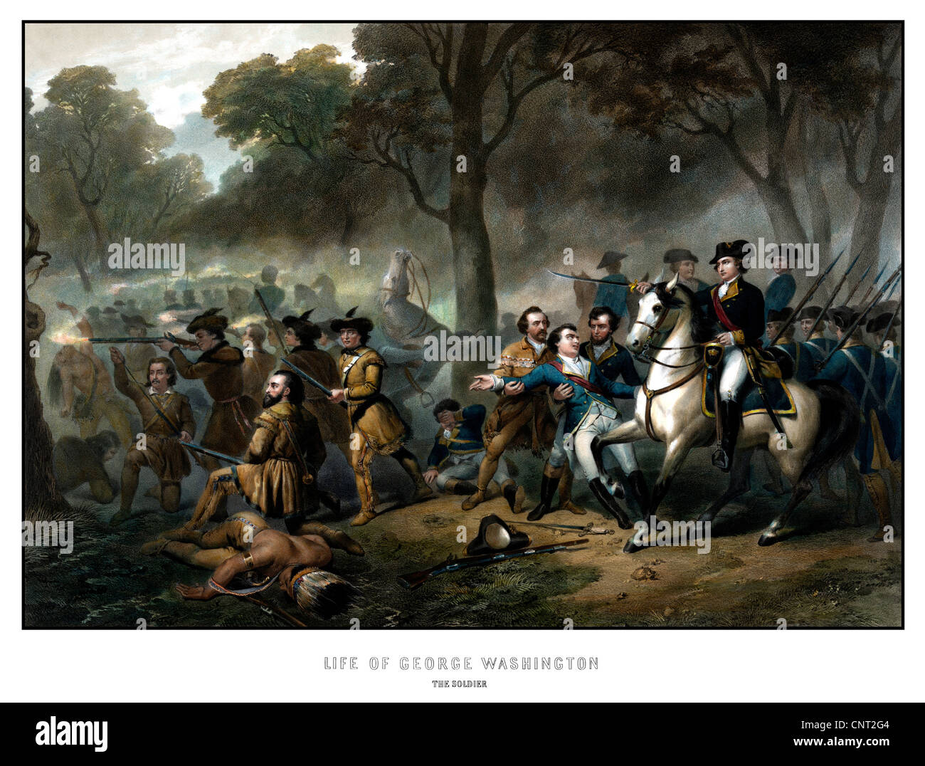 Restaurata digitalmente vintage print mostra George Washington a cavallo, portando le truppe nella battaglia di Monongahela. Foto Stock