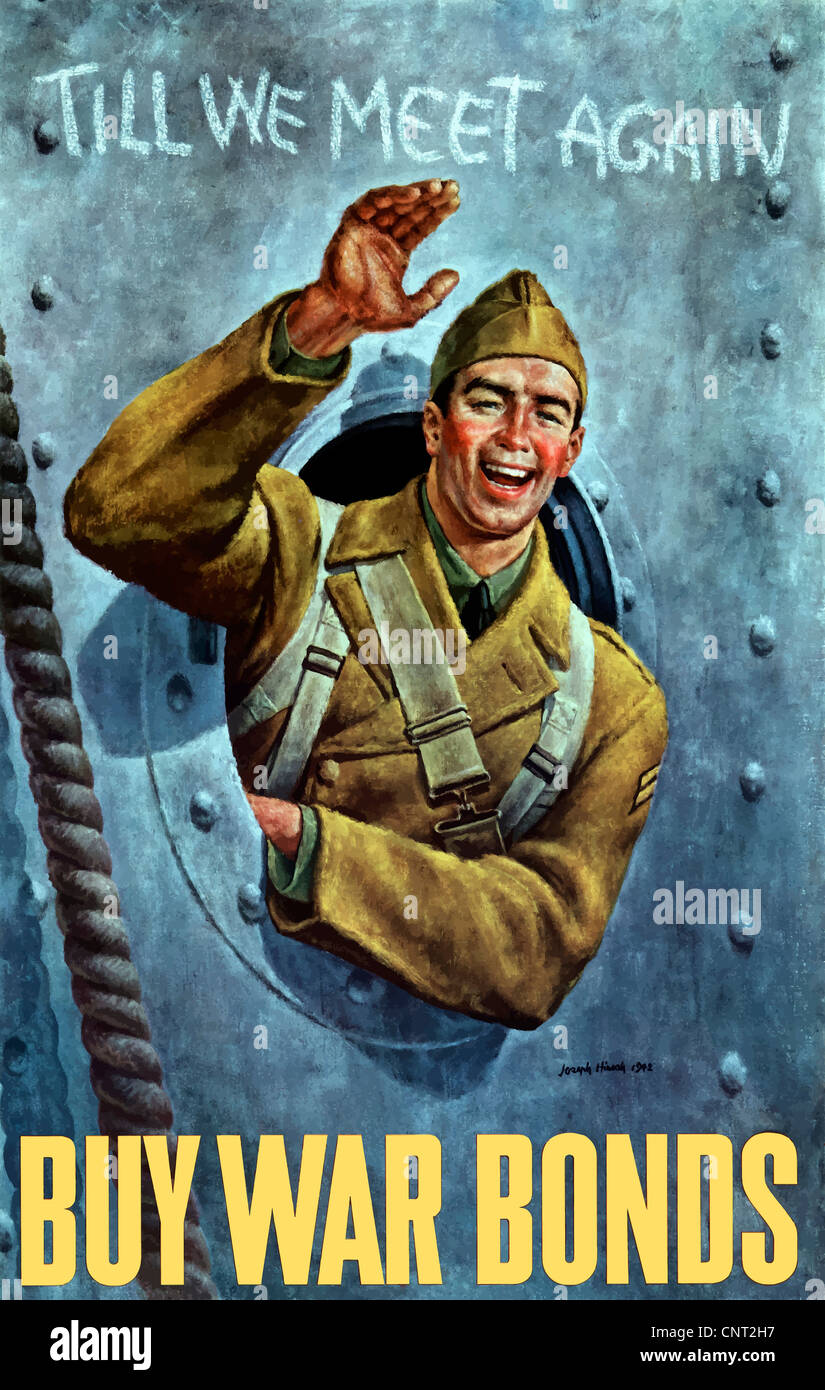 Questa annata II Guerra Mondiale poster offre un sorridente soldato americano sventolando dall'oblò di una nave di truppa. Foto Stock