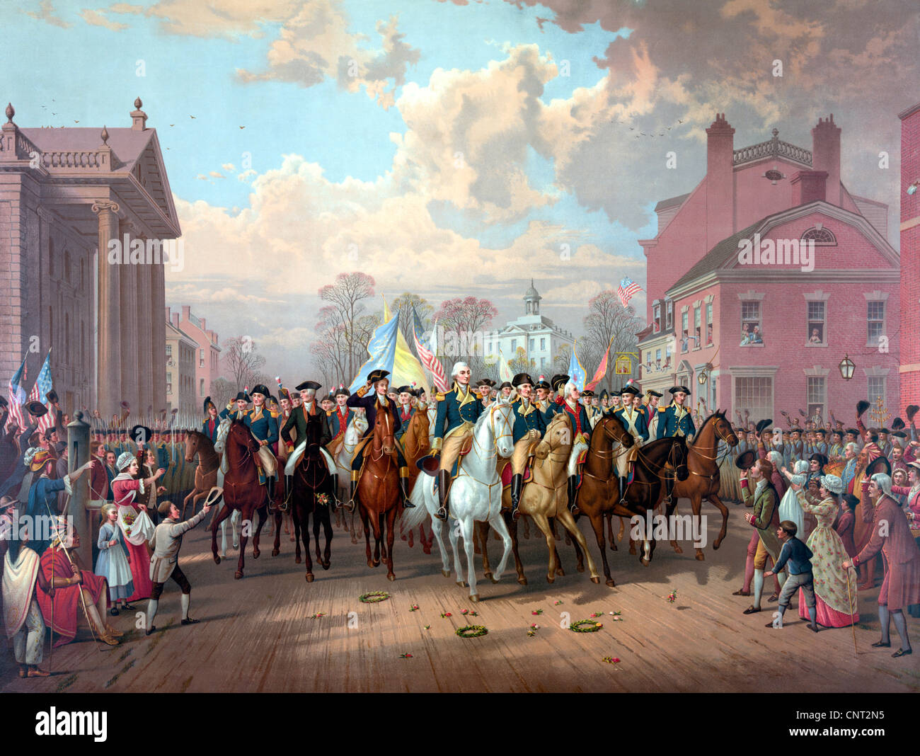 Restaurata digitalmente guerra rivoluzionaria pittura del generale George Washington e i suoi uomini. Foto Stock