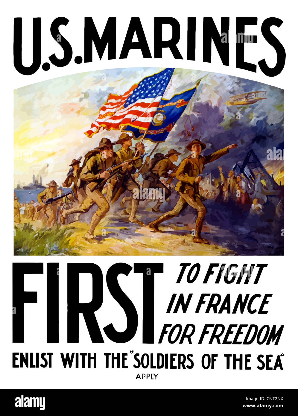 Questa annata guerra mondiale un poster caratteristiche Marines americani la carica in avanti durante la battaglia. Foto Stock
