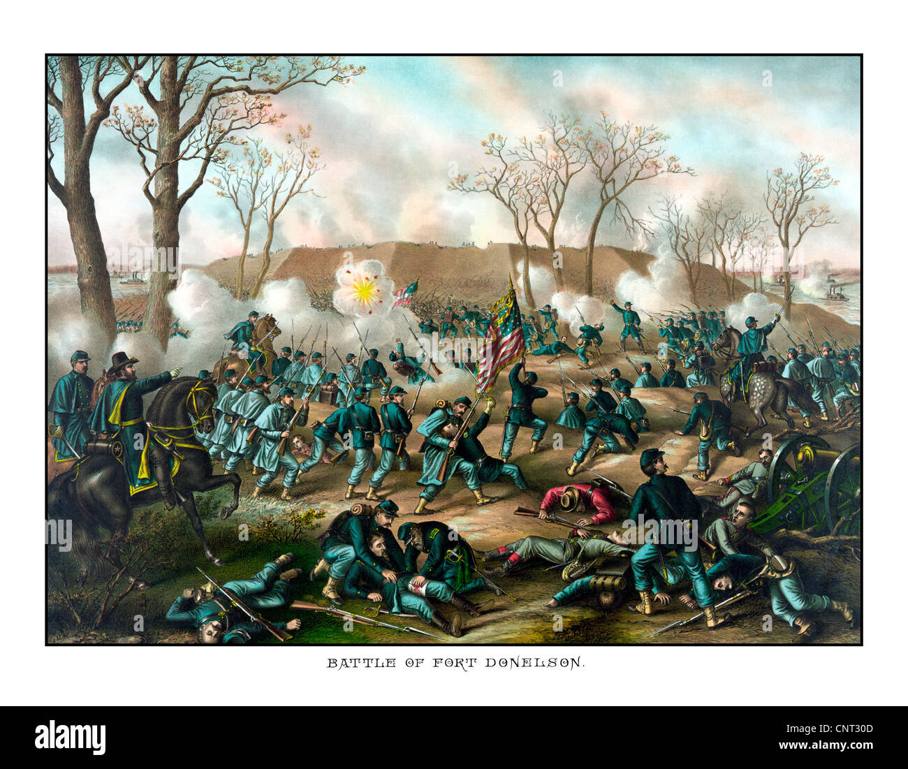 La guerra civile che mostra la stampa unione e truppe Confederate combattimenti alla battaglia di Fort Donelson. Foto Stock