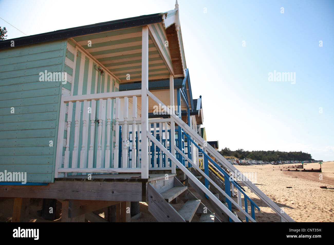 Spiaggia di capanne, sabbia, vacanze, estate, sole, NEL REGNO UNITO, vacanza mare, capanne Foto Stock