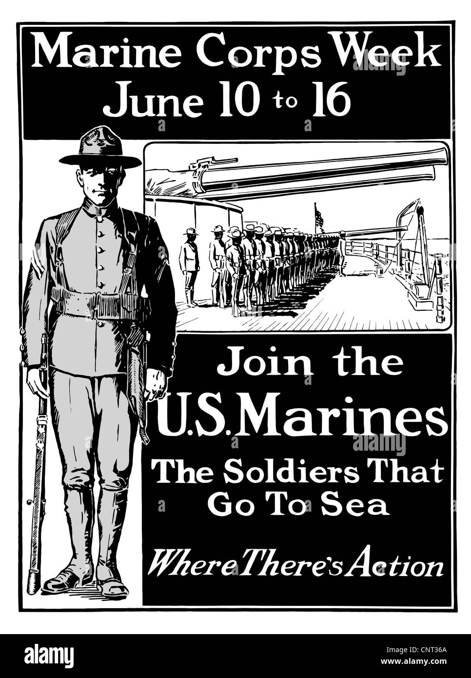 Vintage guerra mondiale un poster che mostra un Marine in piedi all attenzione e Marines su di una nave da battaglia. Foto Stock