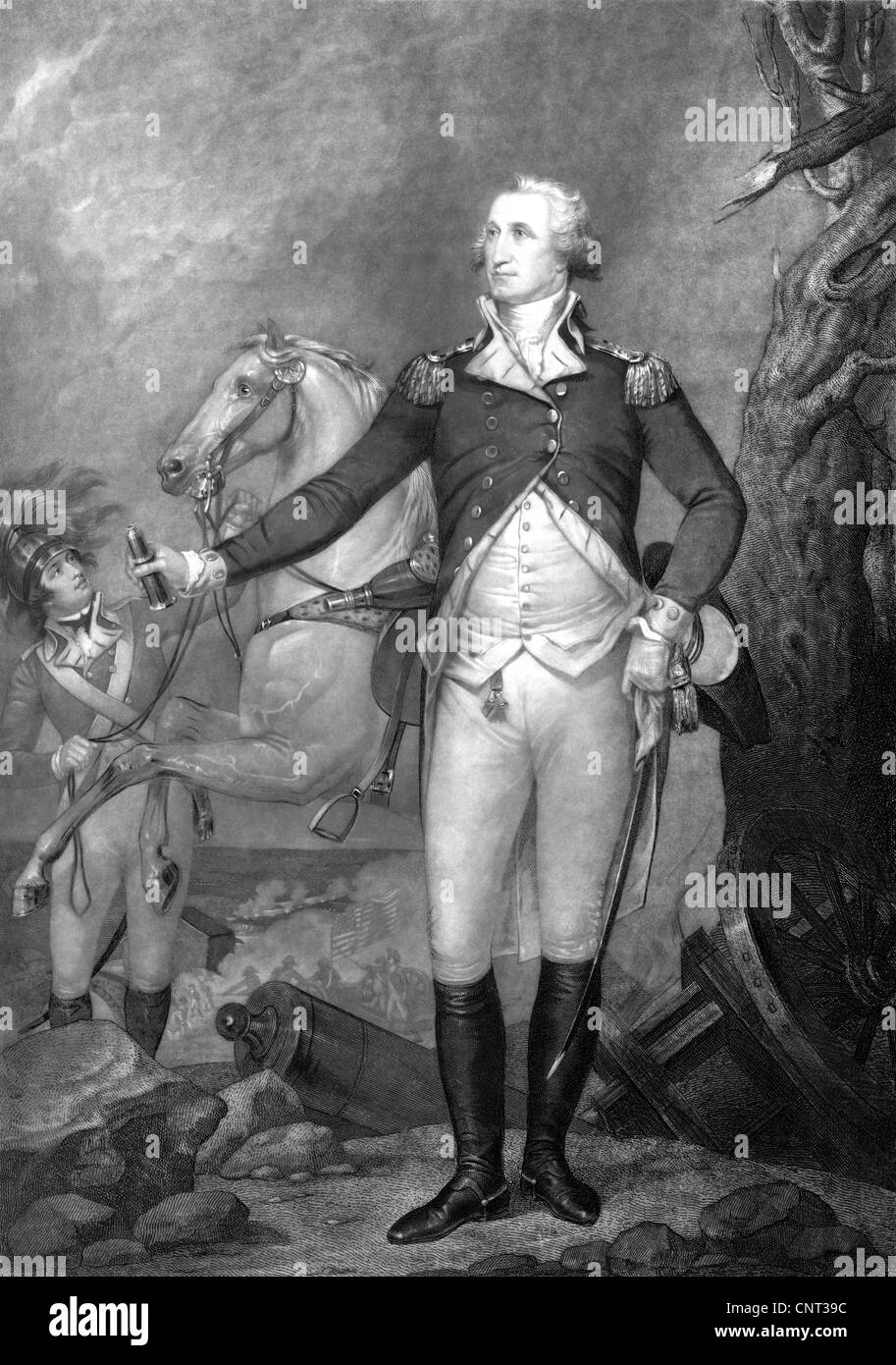 Vintage American History Stampa del generale George Washington in piedi vicino il suo cavallo di battaglia di Trenton. Foto Stock