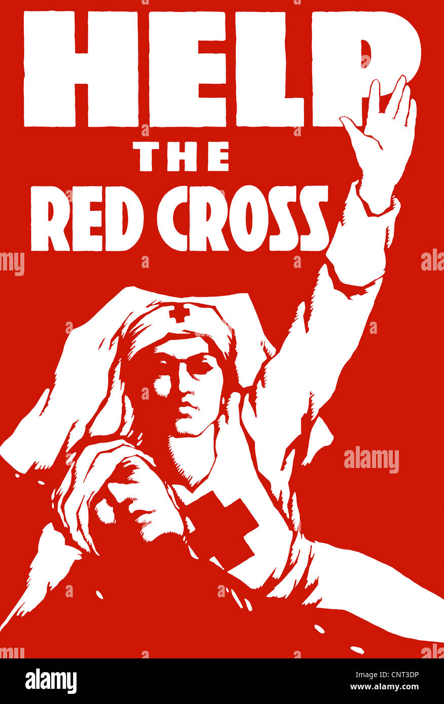 Vintage la guerra mondiale I poster di una croce rossa infermiera aiutando un soldato ferito. Si legge, aiuta la Croce Rossa. Foto Stock