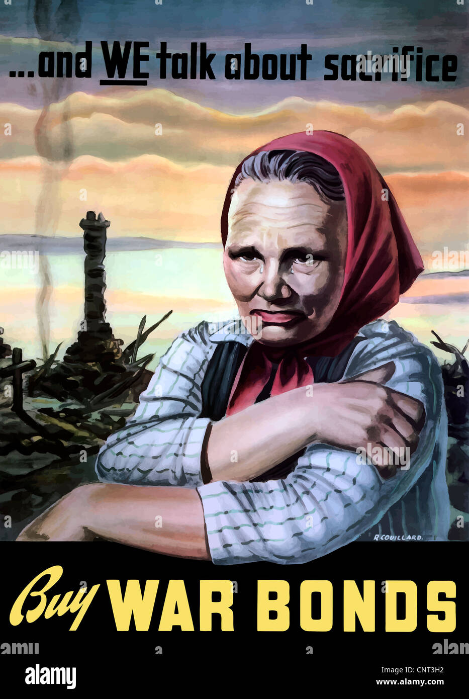 Vintage II Guerra Mondiale poster di una donna europea, lacrime provenienti dai suoi occhi, in piedi tra le rovine di una città. Foto Stock