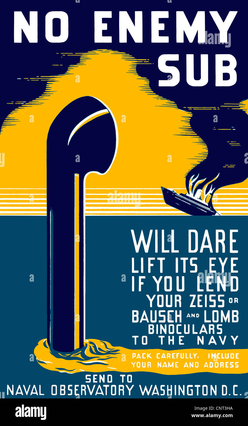 Vintage II Guerra Mondiale manifesto di un periscopio che salgono dal mare come un ardente nave affonda in background. Foto Stock
