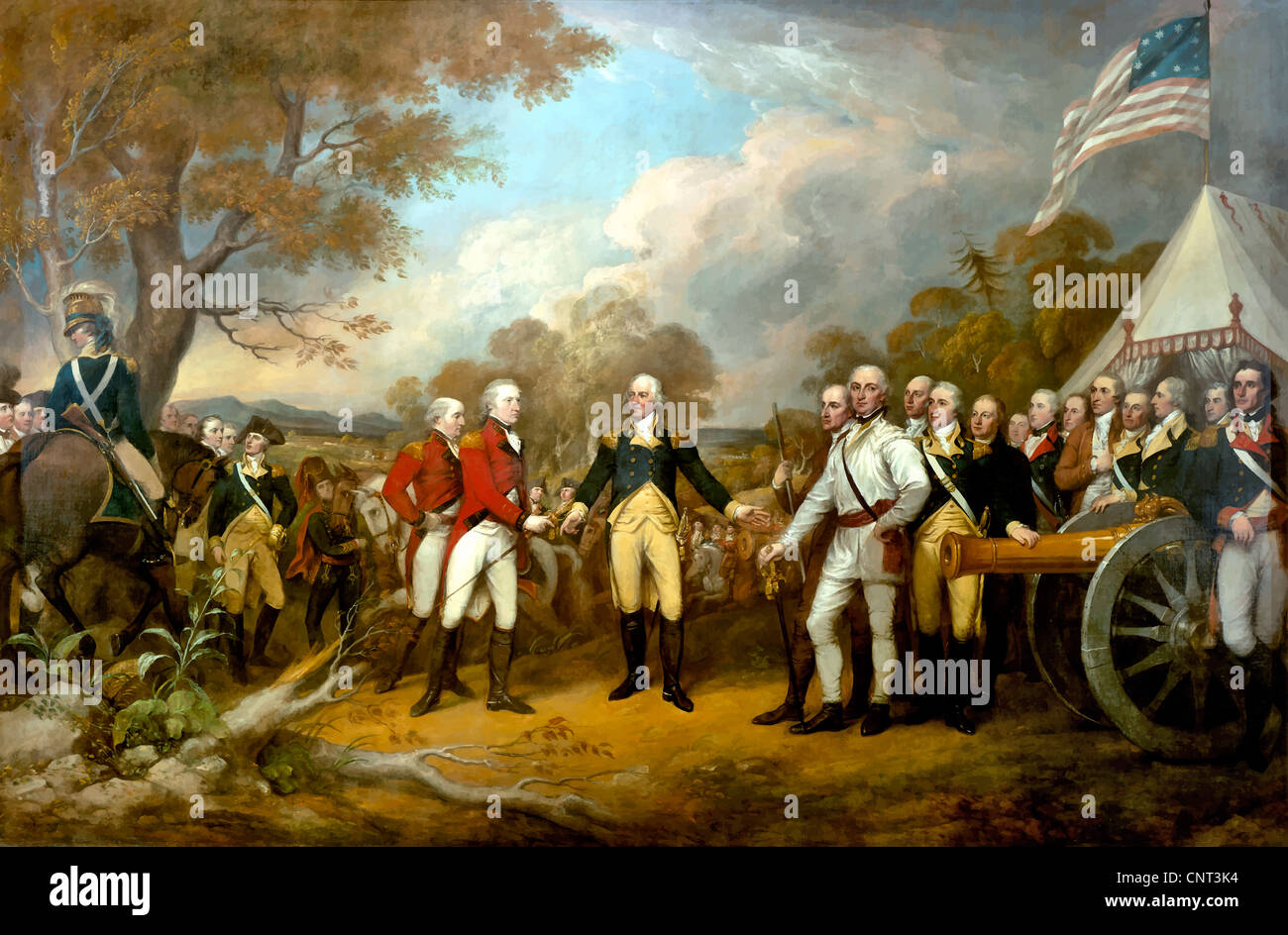 Guerra rivoluzionaria che mostra di pittura la consegna del generale inglese John Burgoyne a Saratoga, il 17 ottobre 1777. Foto Stock