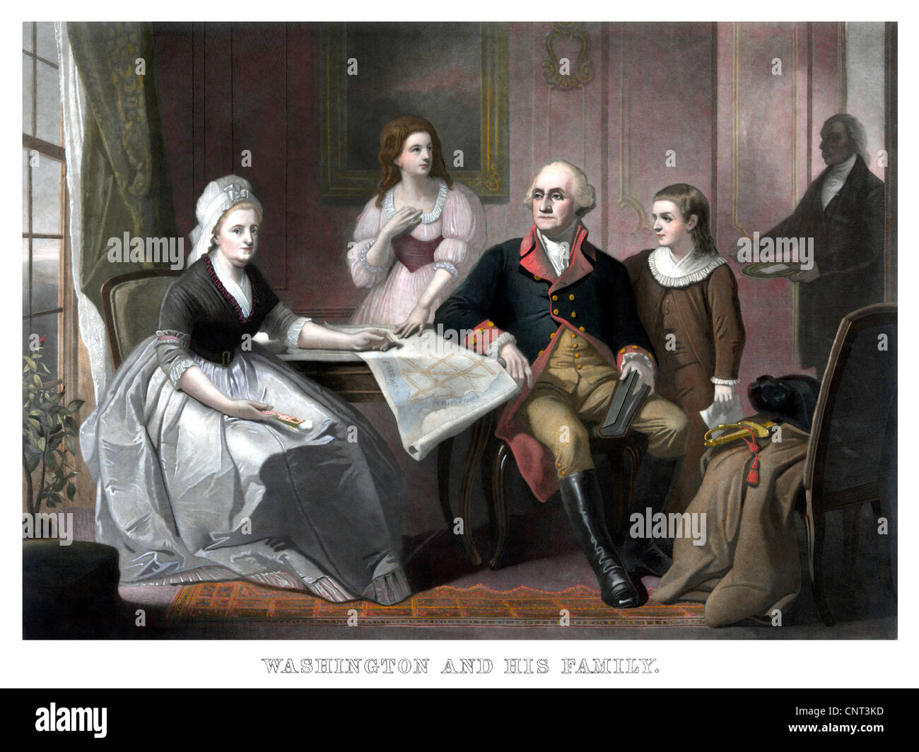 Vintage American History Stampa di George e Martha Washington, George Washington Parke Custis, e Nelly Custis. Foto Stock