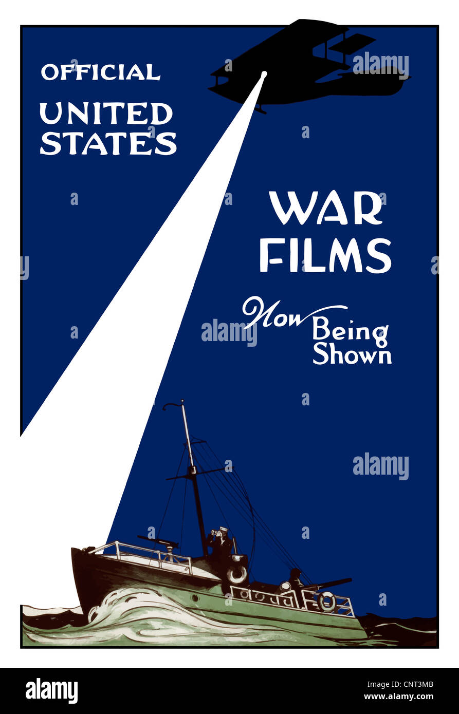 Vintage la guerra mondiale I poster di una pattuglia Marina barca in mare e un piano luminoso a Spotlight. Foto Stock