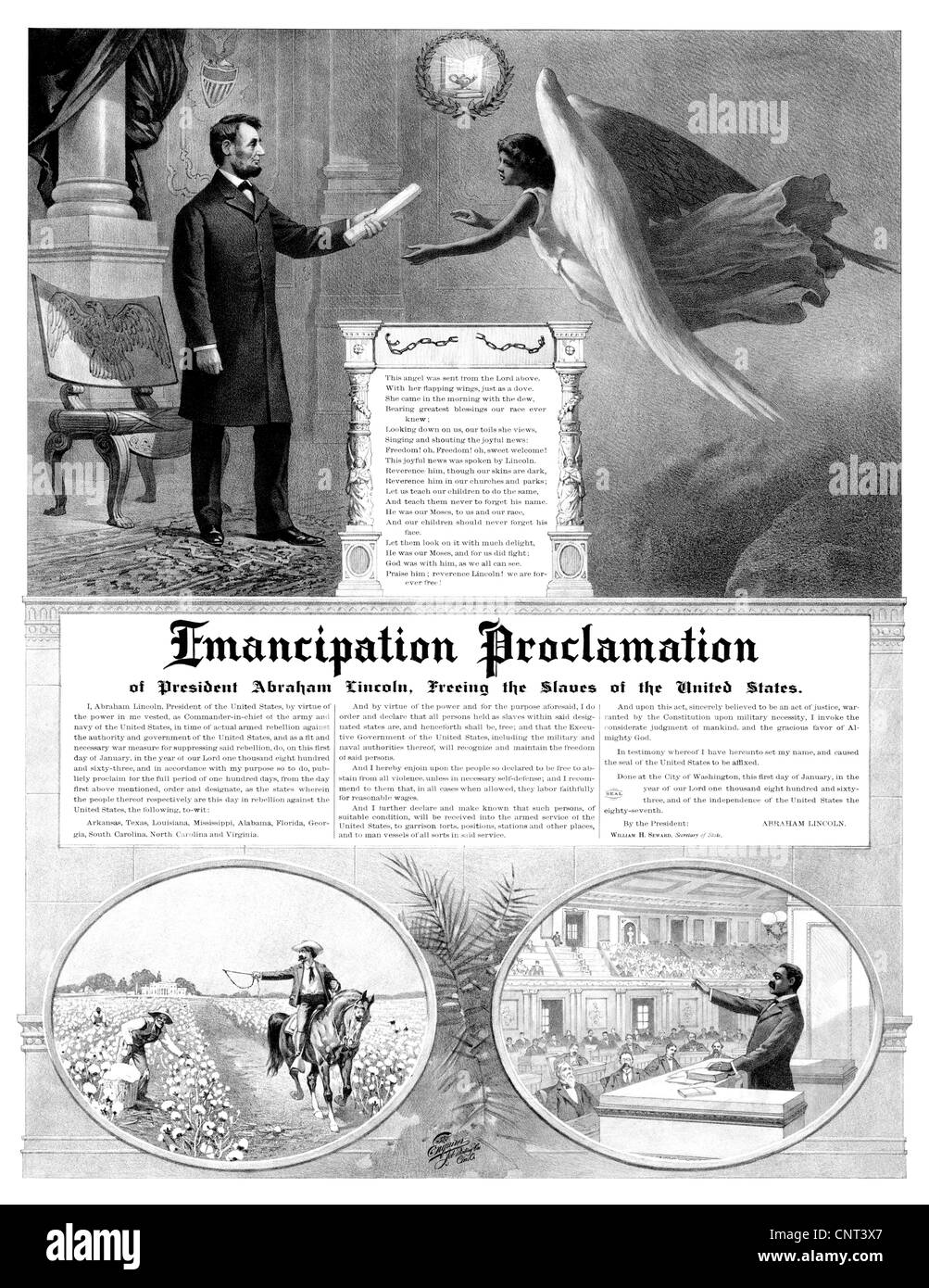 Vintage American History stampa del presidente Abraham Lincoln di consegnare una copia del Proclama di emancipazione per un angelo. Foto Stock