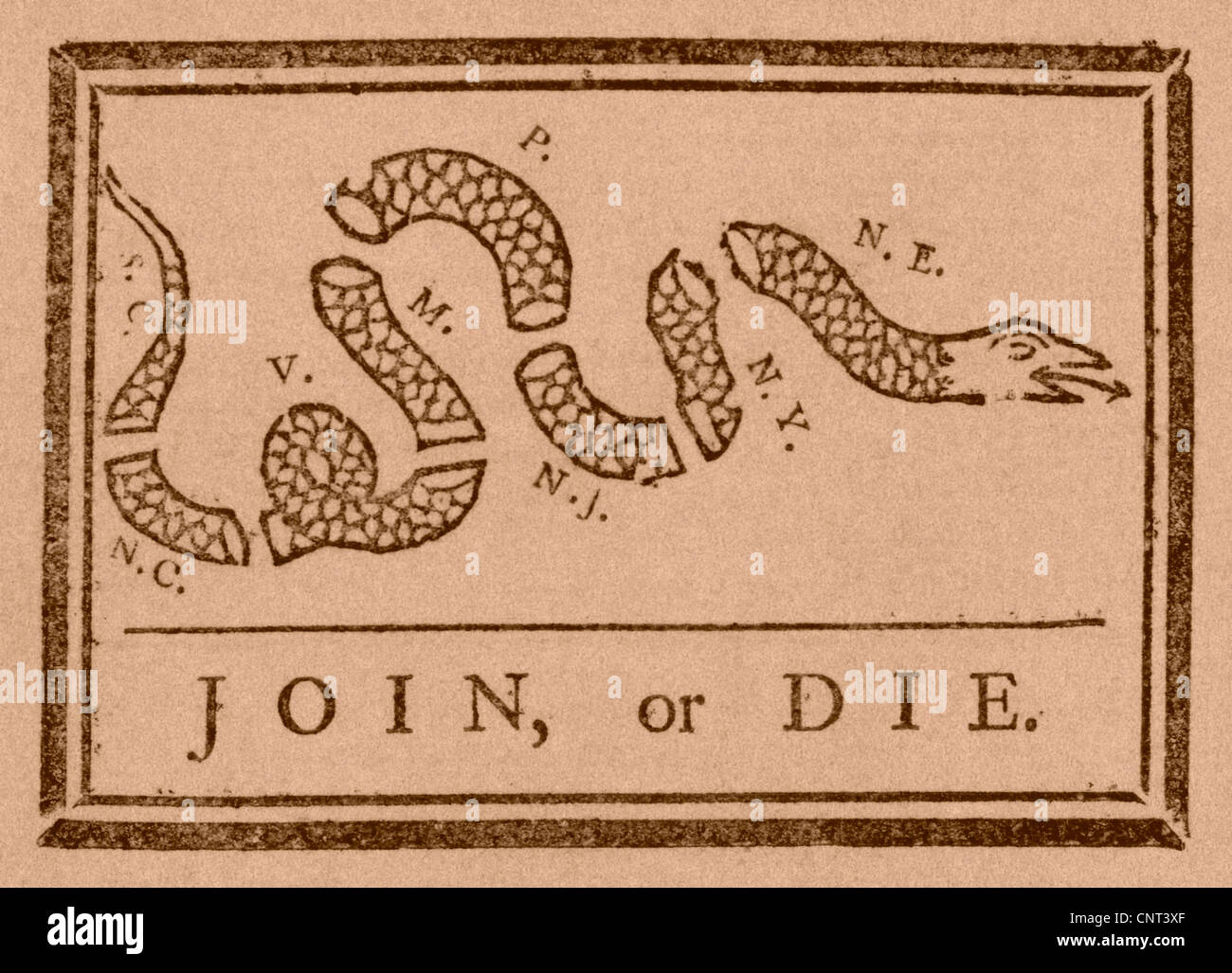 Il Join o matrice di stampa è stato un cartoon politico creato da Benjamin Franklin. Foto Stock