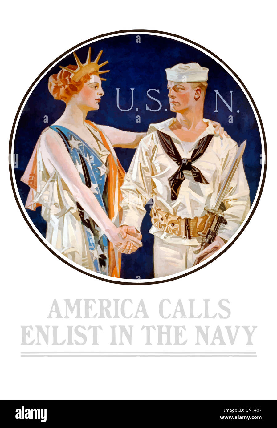 Vintage II Guerra Mondiale poster della libertà si stringono la mano con un marinaio. Si legge, U.S.N. - America chiamate arruolarsi in Marina. Foto Stock