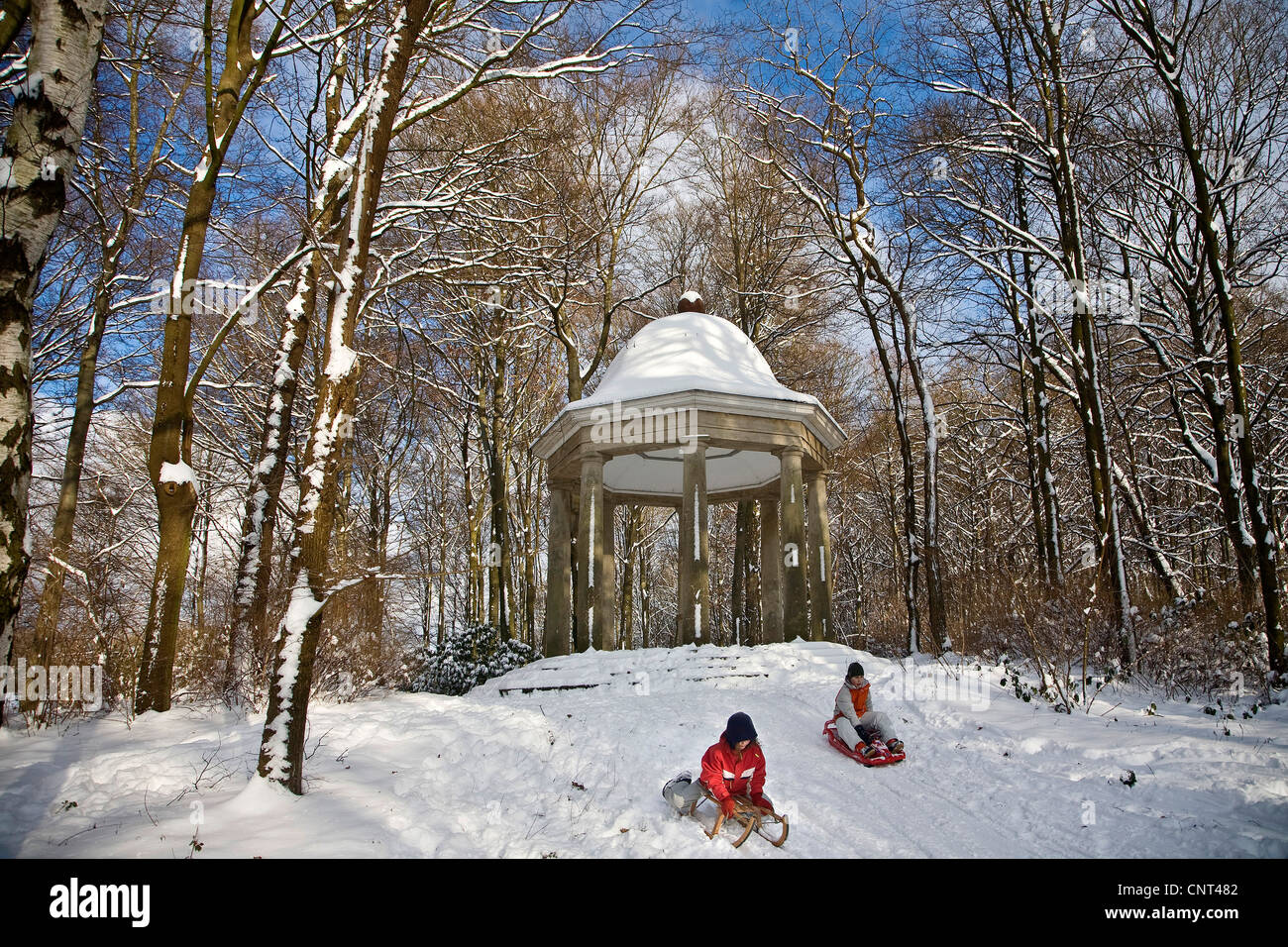 Slittino bambino a Haarmannstempel, in Germania, in Renania settentrionale-Vestfalia, la zona della Ruhr, Witten Foto Stock