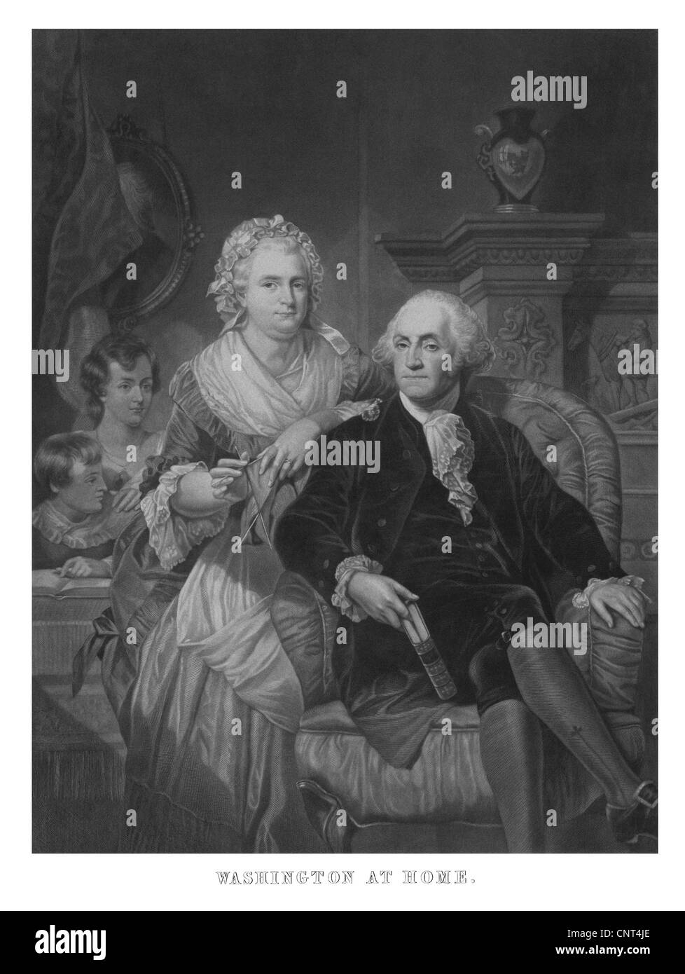 Vintage American History stampa del presidente George Washington, Martha Washington, e i loro nipoti. Foto Stock