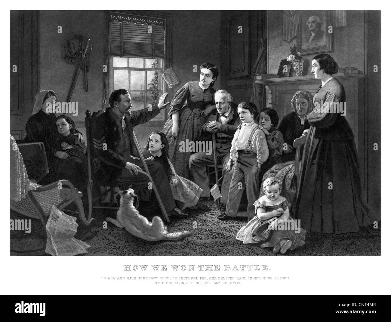 Vintage Guerra civile stampa di un soldato Unione raccontando una storia di battaglia per la sua famiglia. Foto Stock