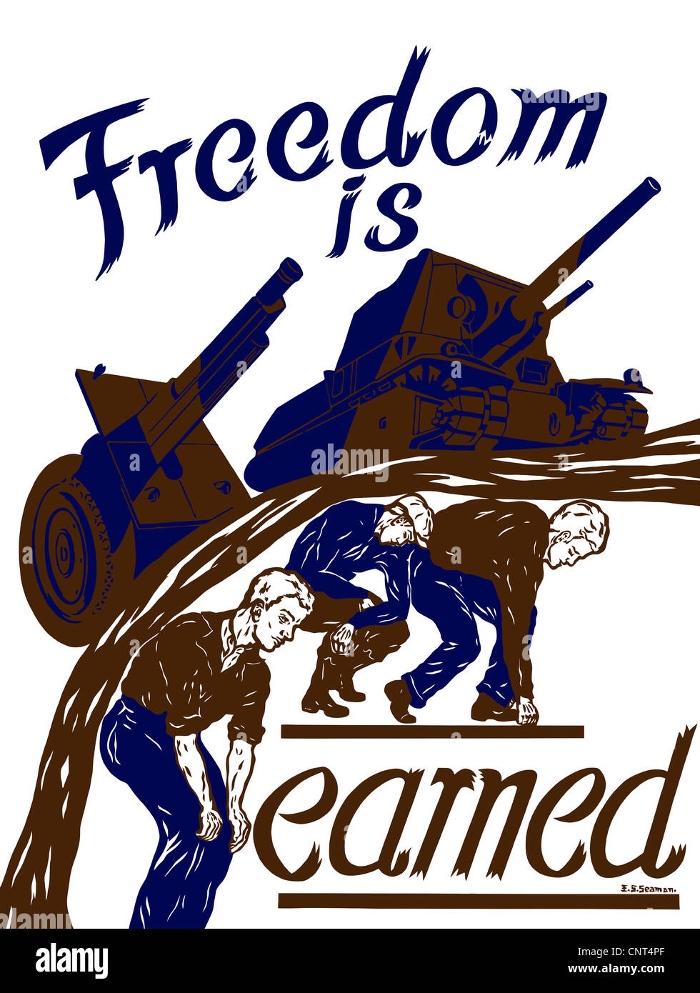 Vintage II Guerra Mondiale poster che mostra un serbatoio e la pistola di artiglieria, spostandosi in avanti, sulle spalle dei lavoratori. Foto Stock