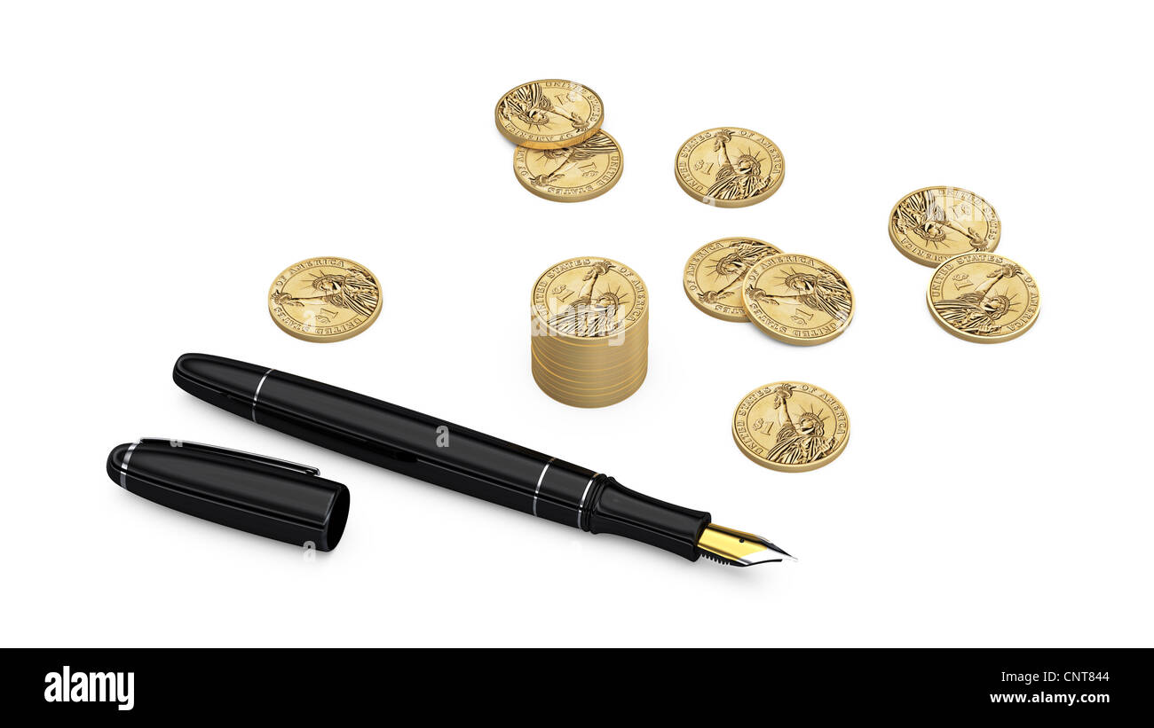 Penna stilografica e monete del dollaro su sfondo bianco Foto Stock