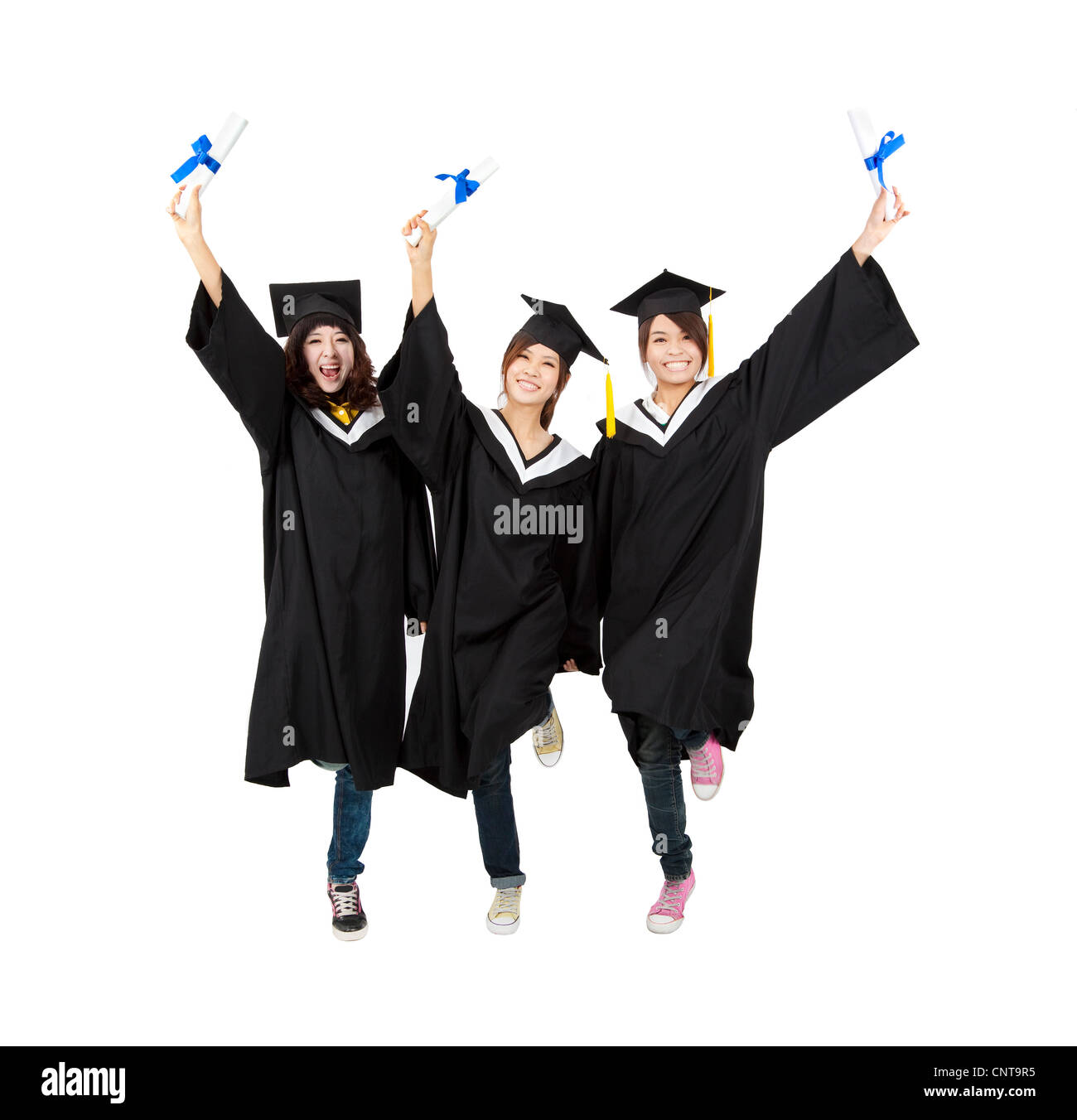 Tre felice asiatici studente di graduazione isolato su bianco Foto Stock