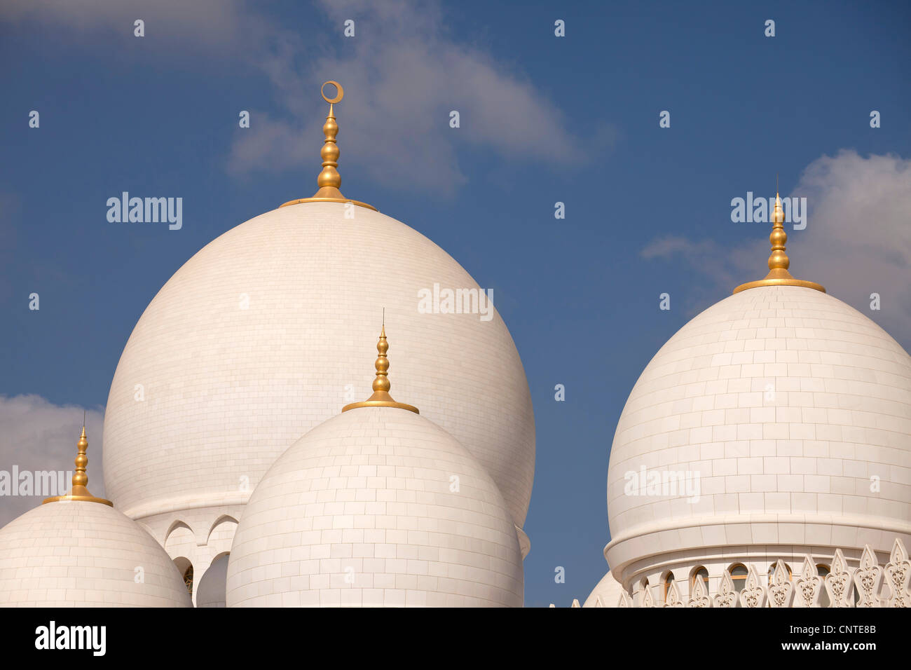 Cupole bianche della Moschea Sheikh Zayed di Abu Dhabi, Emirati Arabi Uniti, Asia Foto Stock