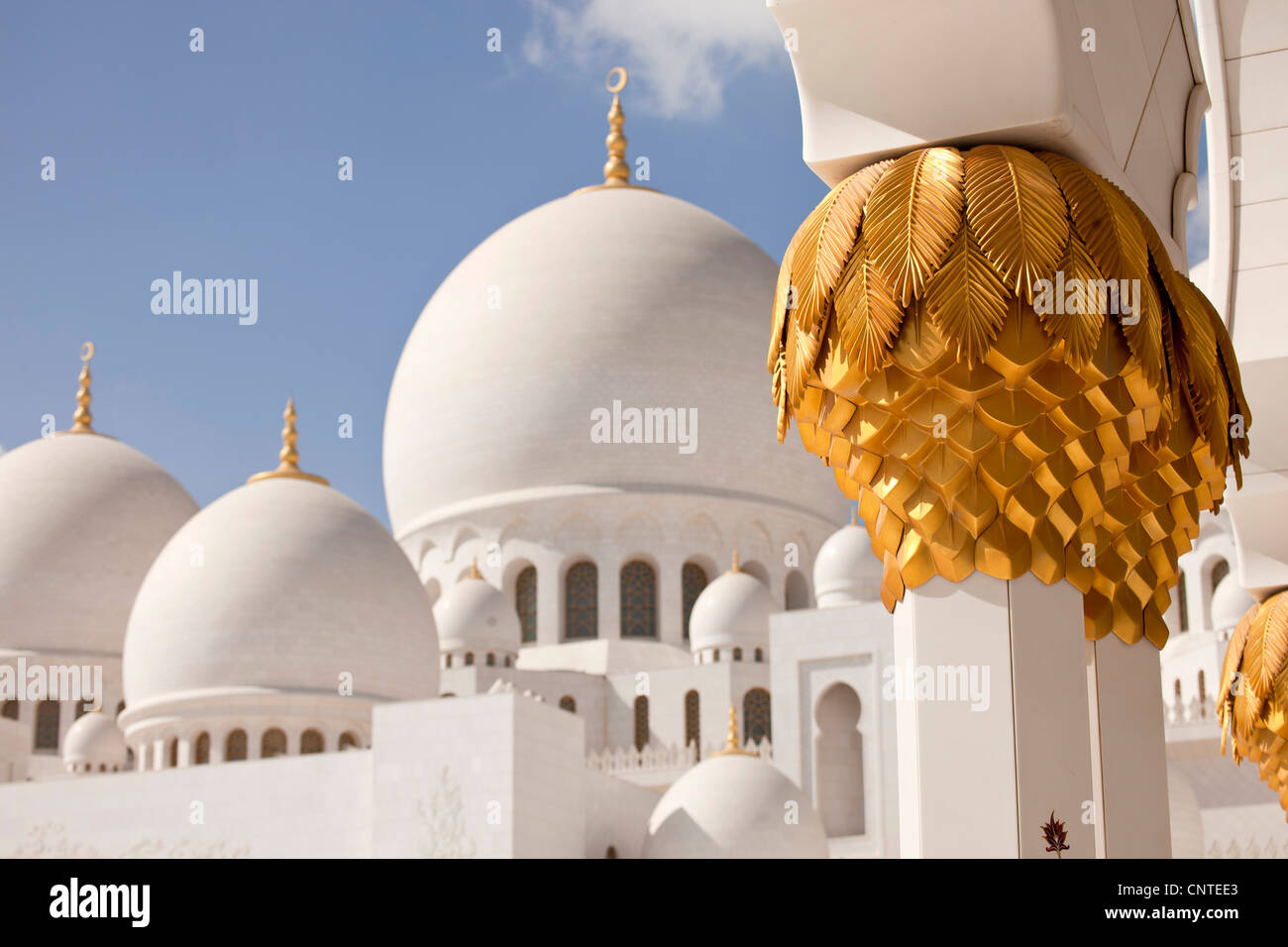 Decorazioni dorate e cupole bianche della Moschea Sheikh Zayed di Abu Dhabi, Emirati Arabi Uniti, Asia Foto Stock