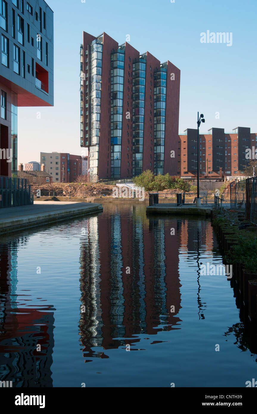 Islington Wharf apartment block riflessa nel canale del braccio nuovo di Islington, Ancoats, Manchester, Inghilterra, Regno Unito Foto Stock