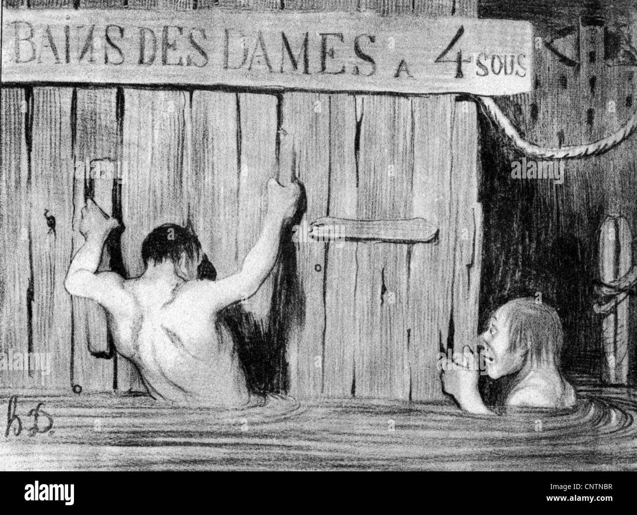 Bagno, bagno per le donne, caricature, peaking in the Ladies' Bath, 'avrei potuto giurare che era una Venere...che flop!', litografia di Honoré Daumier, 1839, Additional-Rights-Clearences-Not Available Foto Stock