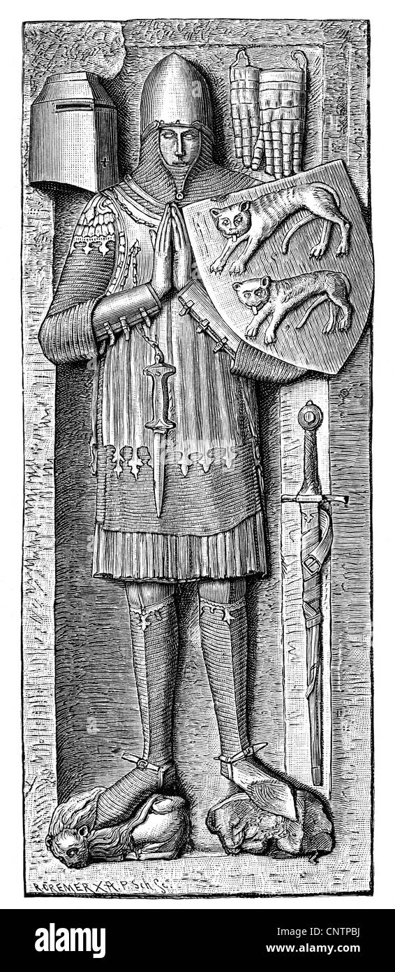 Medioevo, cavalieri, lapide di un signore di Hohenlohe, XIII secolo, incisione in legno di R. Cremer, XIX secolo, scudo, scudi, stemma, armatura, armatura, preghiera, tomba, tombe, lapide, morte, storica, storica, tomba, tombe, medievale, persone, diritti aggiuntivi-clearences-non disponibili Foto Stock