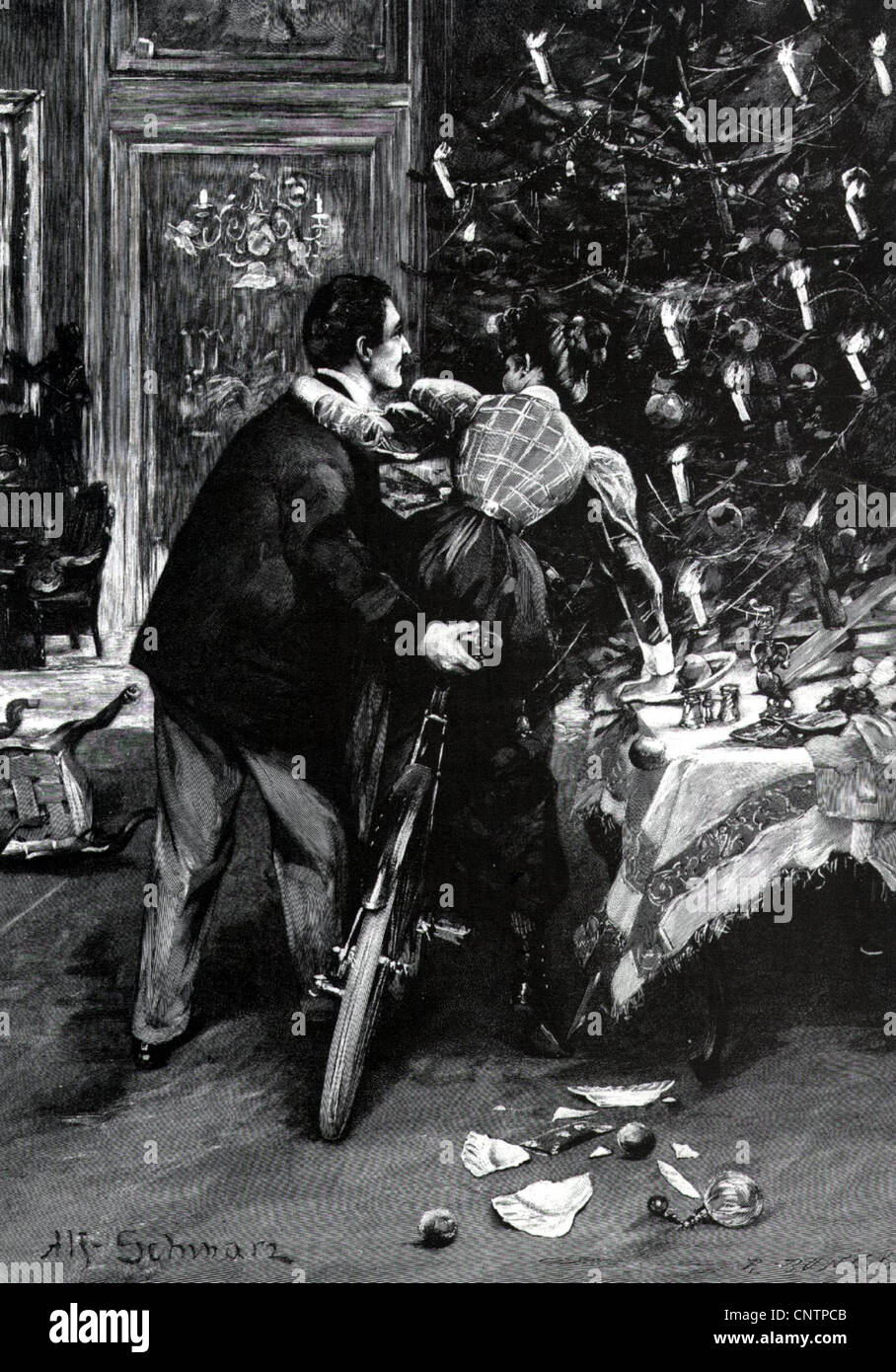 Natale, dono che dà la vigilia di Natale, coppia sposata che prova una bicicletta, illustrazione, circa 1900, Additional-Rights-Clearences-non disponibile Foto Stock