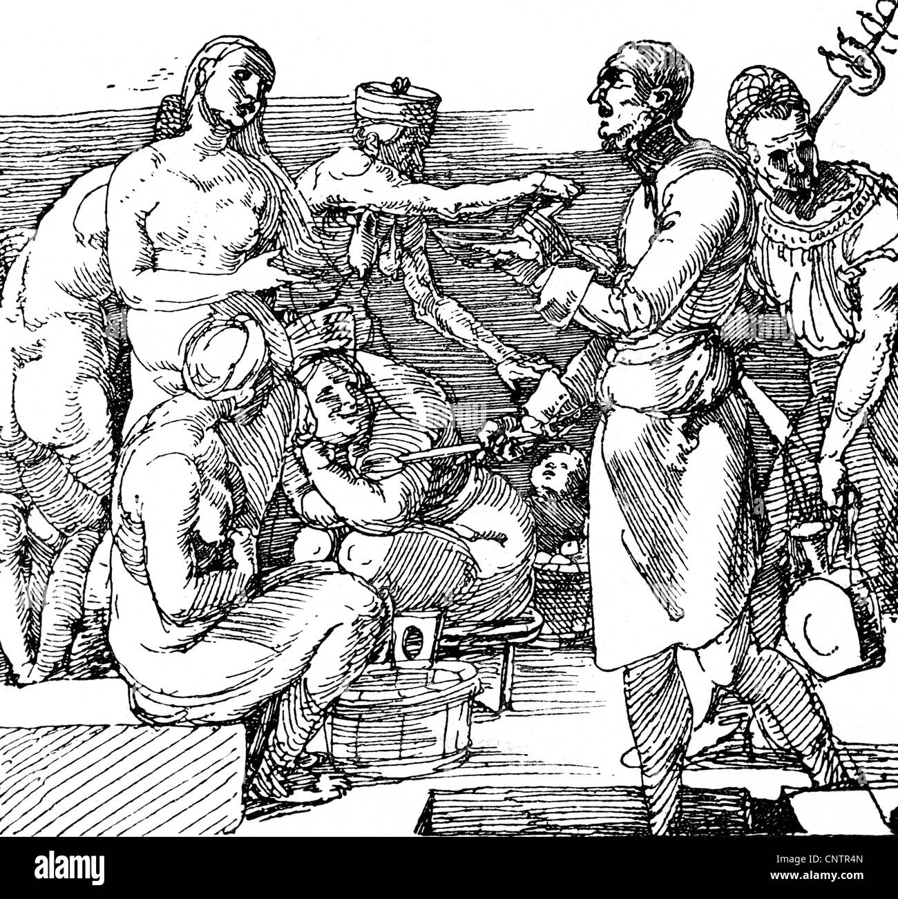 La balneazione, donna bagno, dopo il disegno da Albrecht Dürer, 1516, artista del diritto d'autore non deve essere cancellata Foto Stock