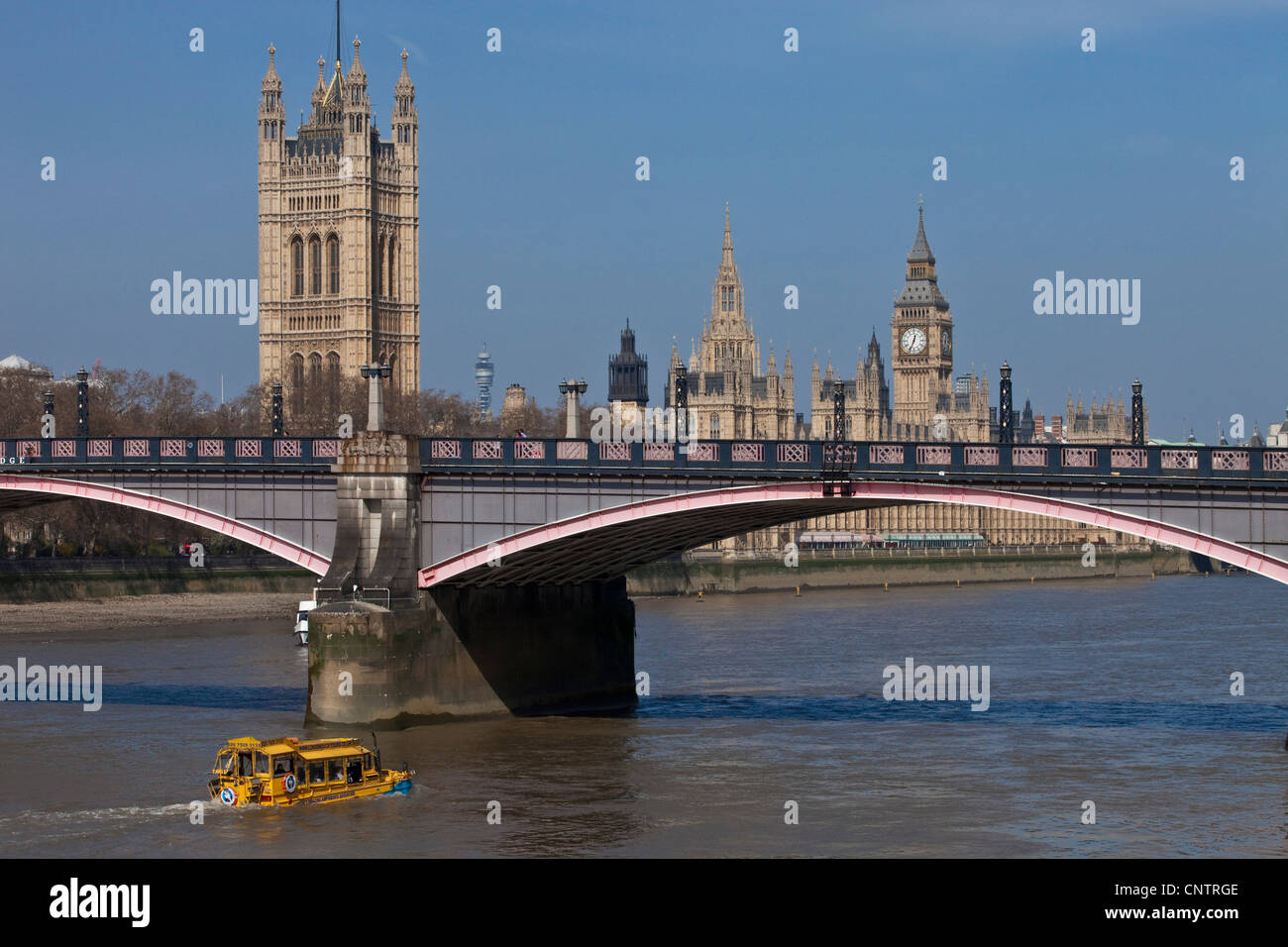 Un London Duck Tours Bus anfibio passa sotto a Lambeth Bridge, Londra, Inghilterra Foto Stock