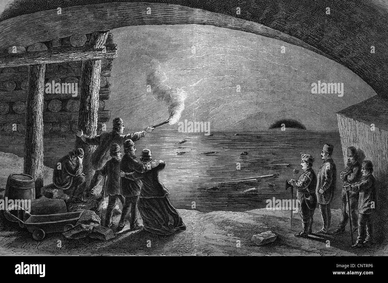 Le inondazioni dell'Austria a Wieliczka, Polonia, storica incisione, circa 1870 Foto Stock
