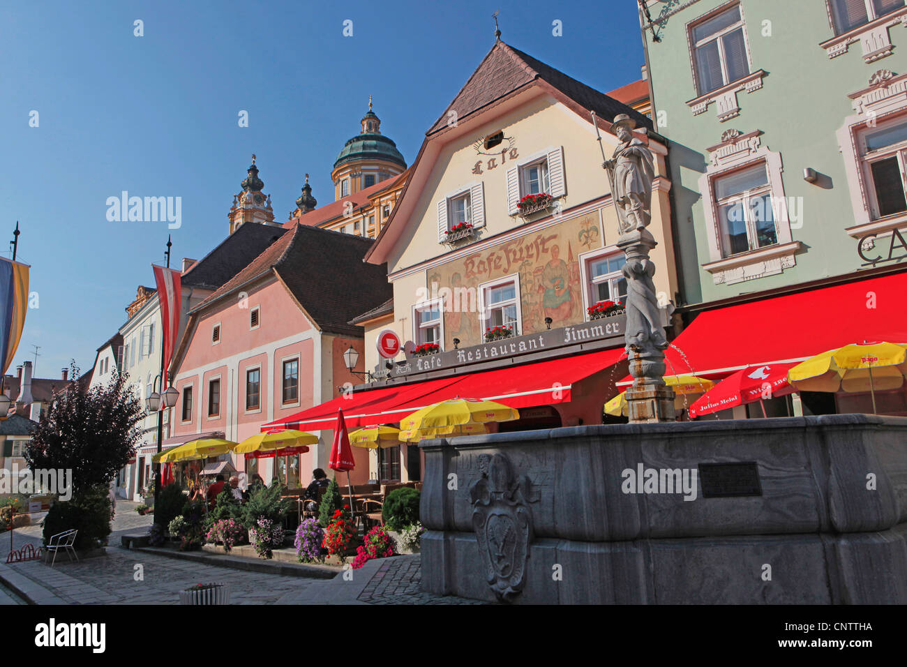 La città di Melk sul fiume Danubio. Foto Stock