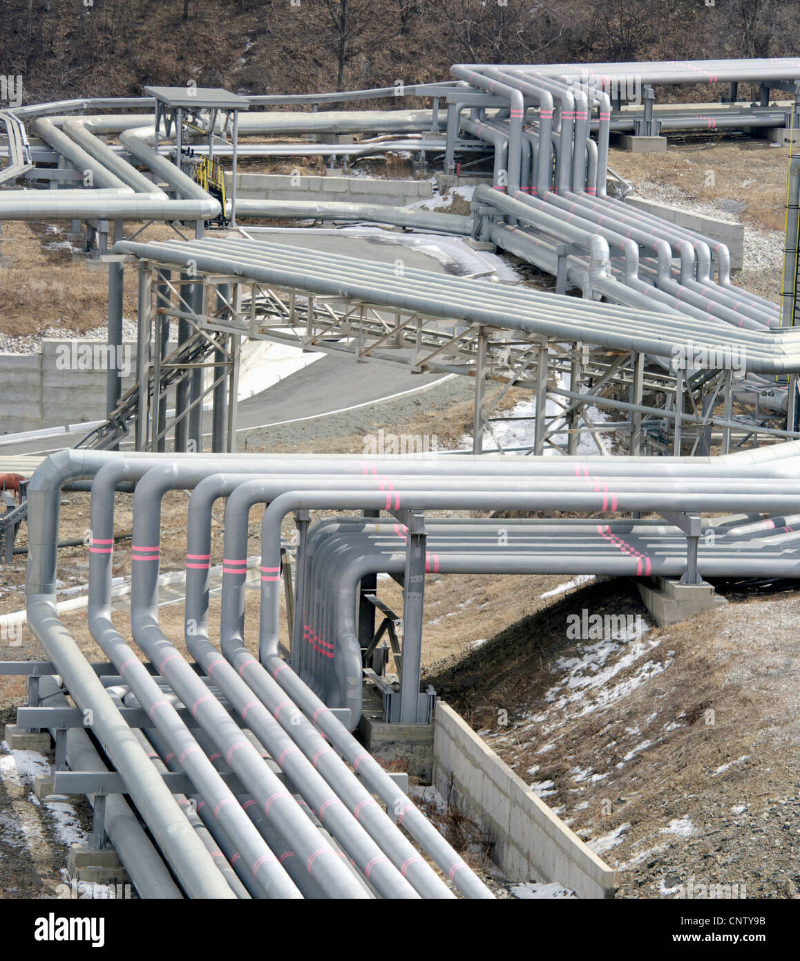 Linea di tubo in impianto petrolchimico in inverno Foto Stock
