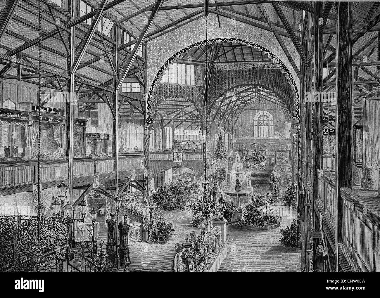 Sala principale dell'industria exhibition building a Chemnitz, in Sassonia, Germania, storica incisione, 1869 Foto Stock