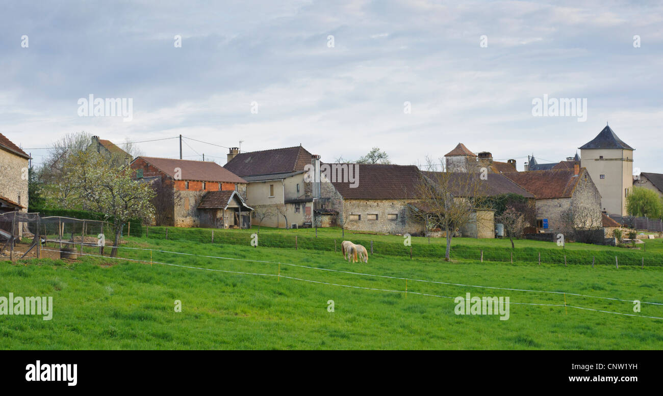 Villaggio francese nel dipartimento del Lot, Vallée du Lot, nel sud della Francia con edifici in pietra e campo di grano Foto Stock