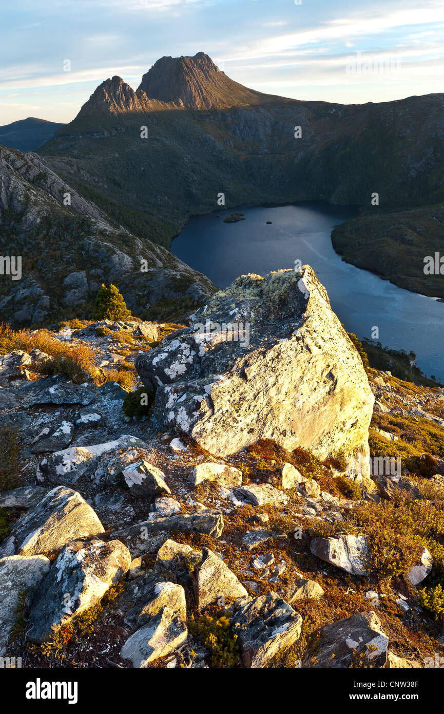 Tramonto sulle rocce di quarzite e Cradle Mountain in Cradle Mountain - lago St Clair Parco nazionale Tasmania Australia Foto Stock