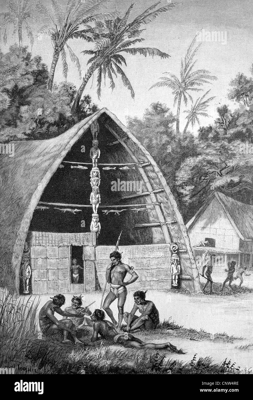 Corso di laurea casa su Bilibili, Sulawesi, Indonesia, storica incisione, 1880 Foto Stock