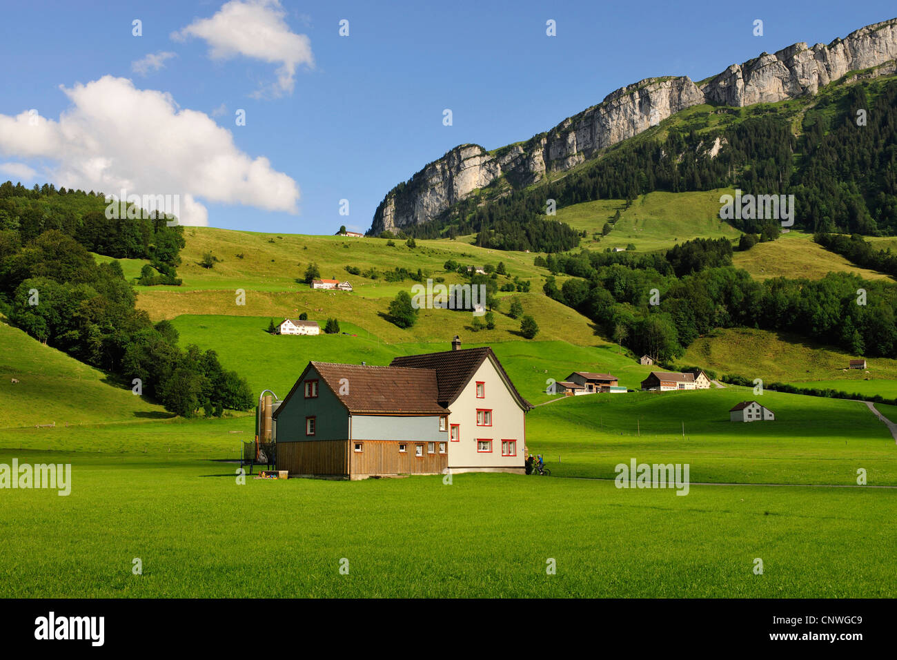 Agriturismo e verdi pascoli, Alpstein mountain range in background, Svizzera, Kanton Appenzell Foto Stock