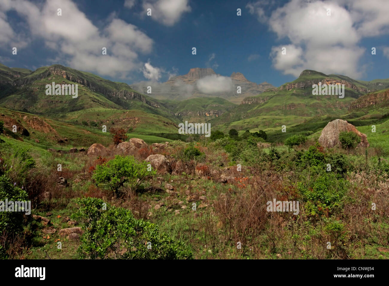 Vista sui prati di montagna a Monaco il cruscotto in corrispondenza del Drakensberg, Sud Africa, Kwazulu-Natal, Ukhahlamba Drakensberg Park Foto Stock