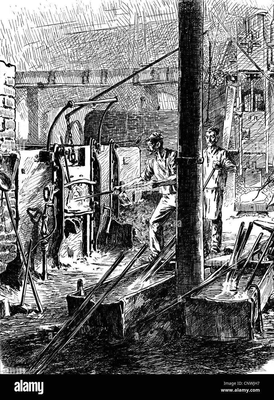 Industria, metallo, Krupp, acciaierie, Essen, forno di puddling, disegno, fine del 19 ° secolo, Ruhr zona, Valle Ruhr, tecnici, stufa, stufe, produzione di acciaio, produzione di acciaio, persone, lavoratori, lavoro, Germania, epoca imperiale, storico, storico, diritti aggiuntivi-clearences-non disponibile Foto Stock