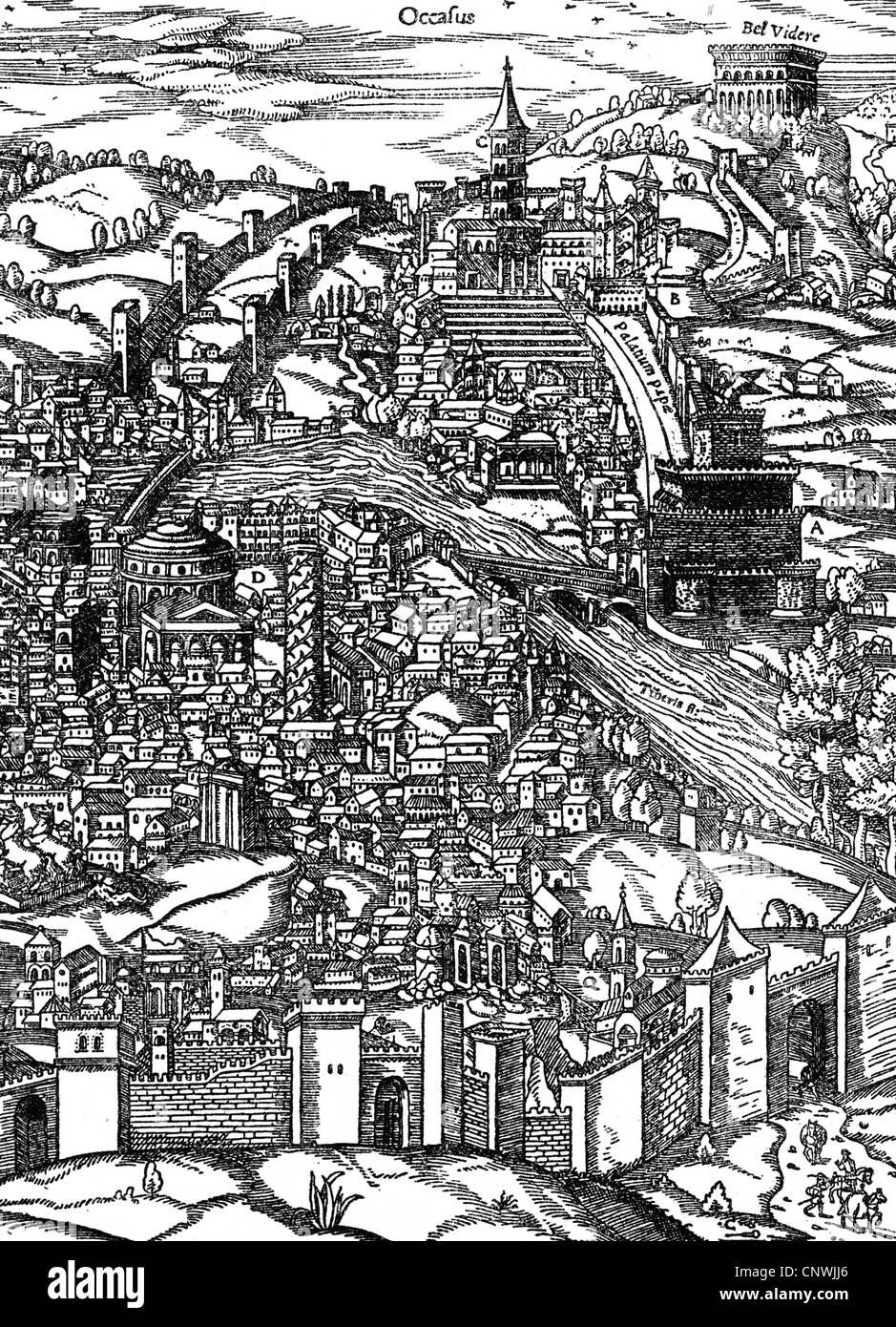 Geografia / viaggio, Italia, Roma, vista con Tevere e Vaticano, taglio di legno, 'Cosmografia universalis' di Sebastian Münster, 1549, dettaglio, diritti aggiuntivi-clearences-non disponibile Foto Stock