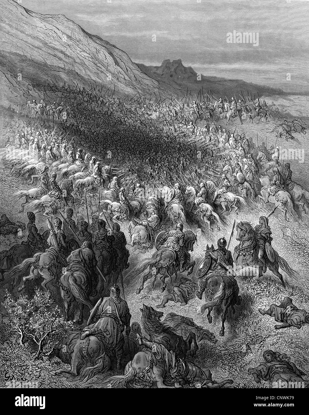 Medioevo, crociate, terza crociata 1189 - 1192, Battaglia di Acri, 4.10.1189, incisione su legno da A. Doms dopo il disegno di Gustav Dore, "Histoire des Croisades' da Joseph Francois Michaud, 1875, artista del diritto d'autore non deve essere cancellata Foto Stock