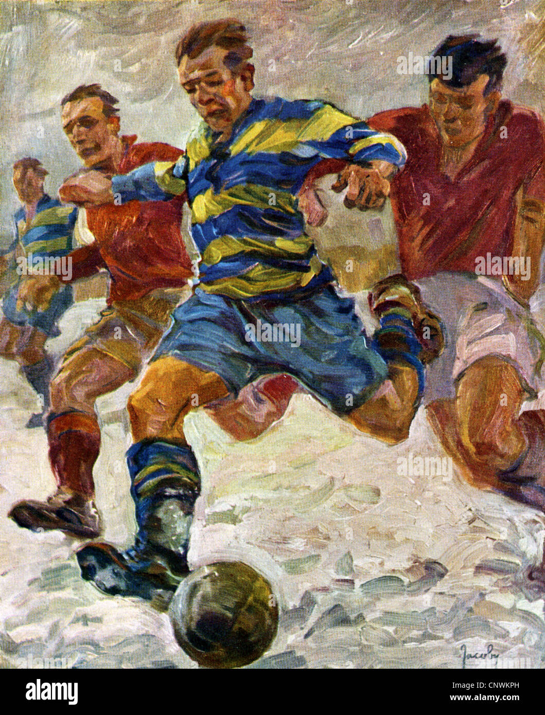 Sport, calcio, partita in inverno, stampa dopo disegno di Jean Jacoby, circa 1930, diritti aggiuntivi-clearences-non disponibile Foto Stock