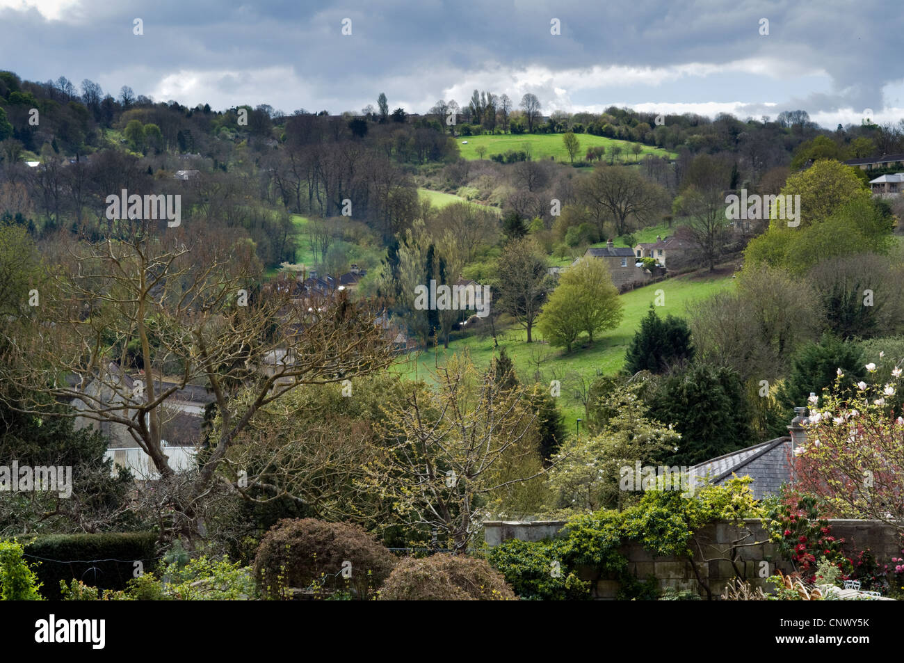 Vista panoramica di Lyncombe Vale presi da Widcombe, bagno, Somerset, Regno Unito nella primavera Foto Stock