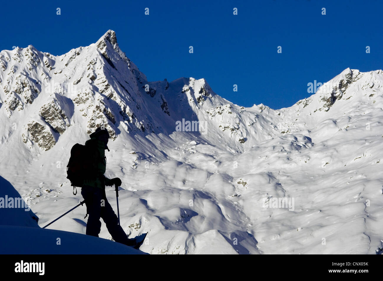 Con le racchette da neve escursionista in nord delle Alpi, Francia Foto Stock