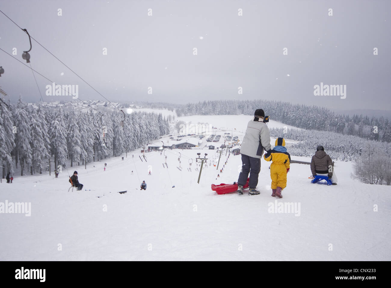 I genitori con bambini su un toboga di Kahler Asten, in Germania, in Renania settentrionale-Vestfalia, Sauerland Foto Stock